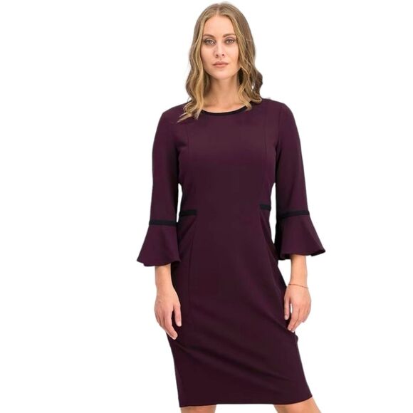 Calvin Klein Piped Bell Sleeve plum sheath dress size 8 - Picture 1 of 8